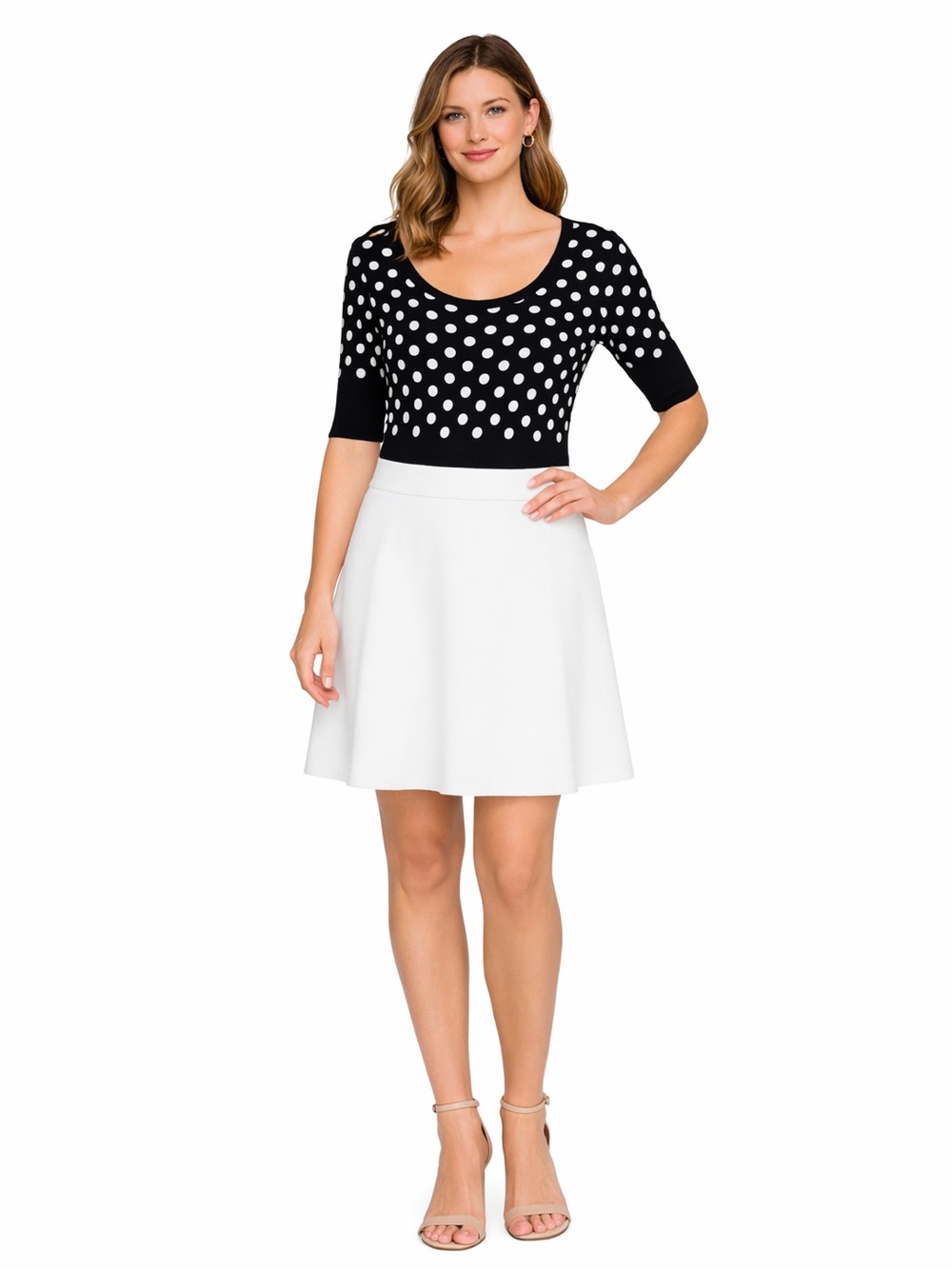White House Black Market Black & White Polka Dot Scoop Neck Knit Top 3/4 Sleeves